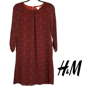H&M Rusty Red/Black Geometric Print Chiffon Pleat Neck 3/4 Sleeve Dress Size 6